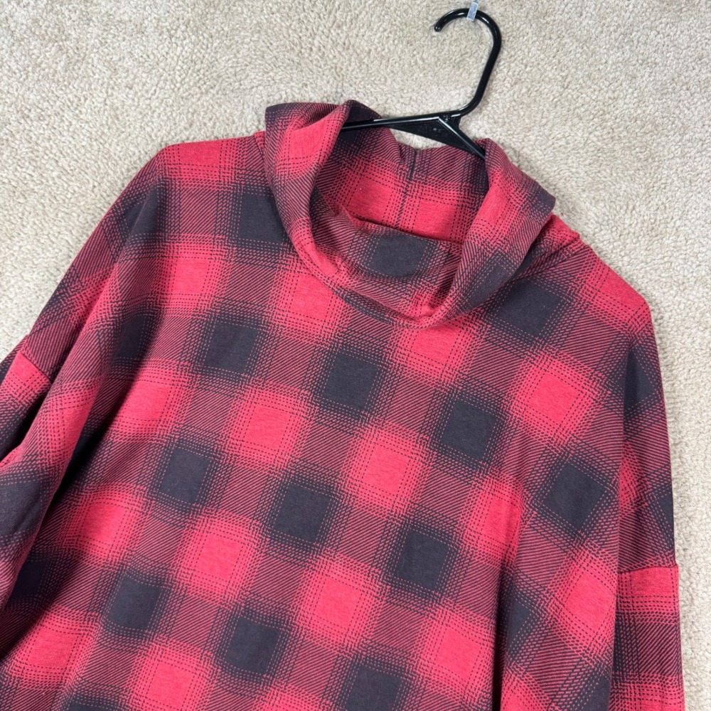 J. Jill Fit Cowl Neck Top Women XL Tall Red Black Buffalo Plaid Sweatshirt